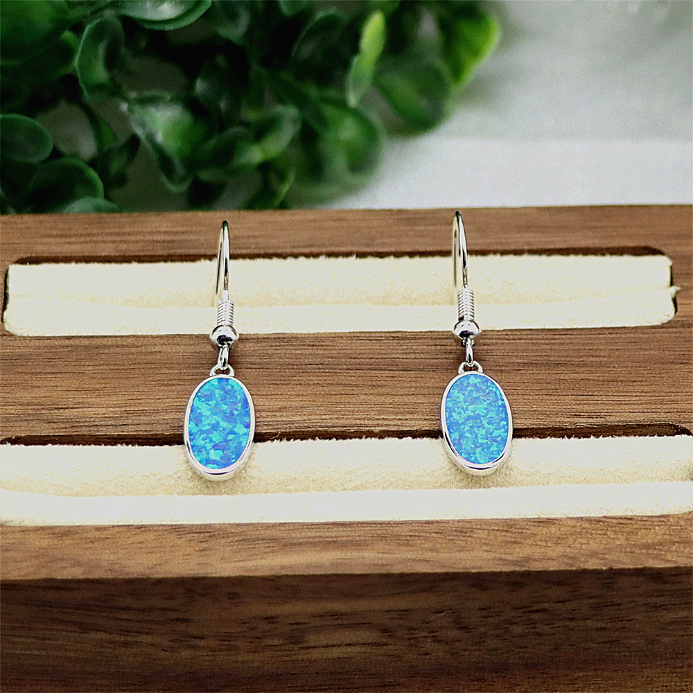 Blue Oval Opal Earrings, Opal Ocean Style Dangle Earrings, Minimalist Nautical Jewelry, Elegant Gift for Women