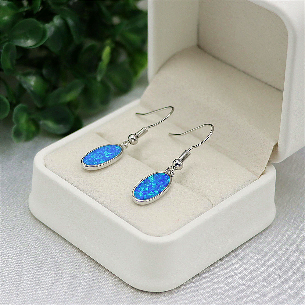 Blue Oval Opal Earrings, Opal Ocean Style Dangle Earrings, Minimalist Nautical Jewelry, Elegant Gift for Women