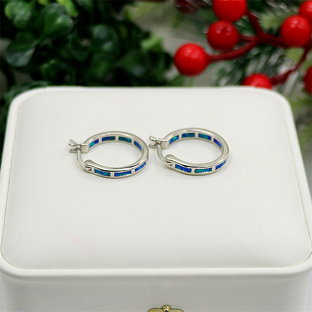 Tiny Blue Opal Hoop Earrings, Opal Small Circle Earrings, Dainty Celestial Jewelry, Whimsical Gift for Women