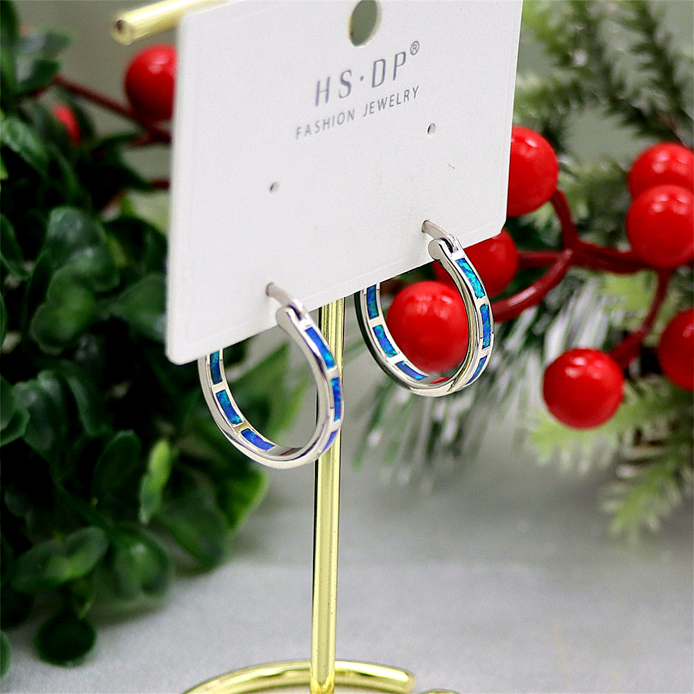 Tiny Blue Opal Hoop Earrings, Opal Small Circle Earrings, Dainty Celestial Jewelry, Whimsical Gift for Women