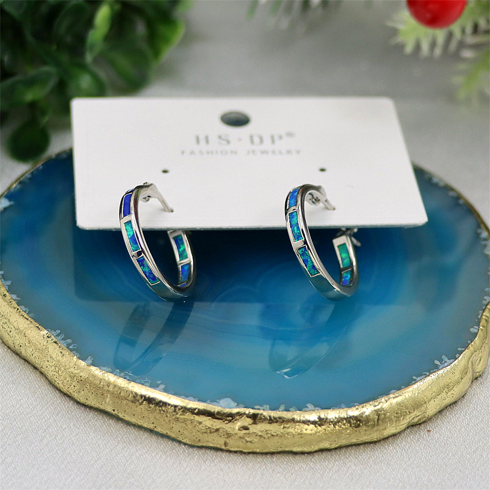 Tiny Blue Opal Hoop Earrings, Opal Small Circle Earrings, Dainty Celestial Jewelry, Whimsical Gift for Women