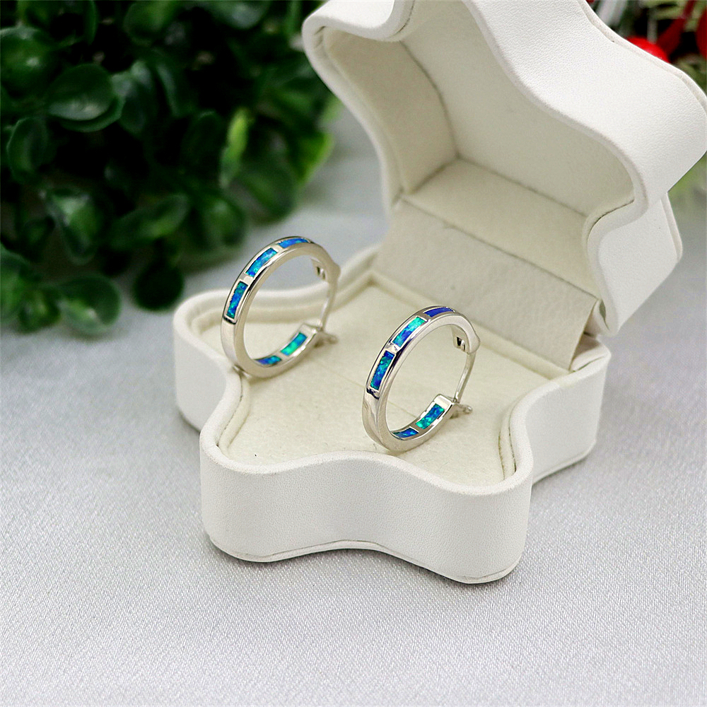 Tiny Blue Opal Hoop Earrings, Opal Small Circle Earrings, Dainty Celestial Jewelry, Whimsical Gift for Women