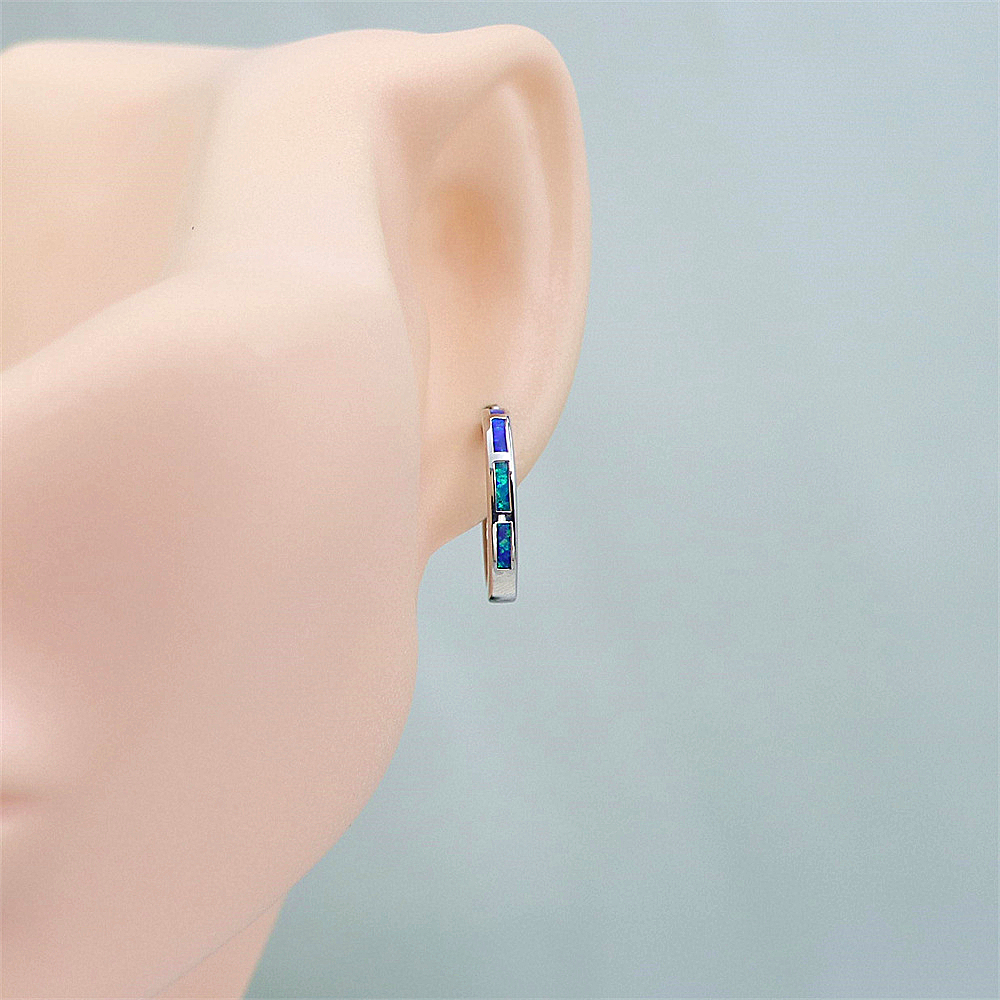 Tiny Blue Opal Hoop Earrings, Opal Small Circle Earrings, Dainty Celestial Jewelry, Whimsical Gift for Women