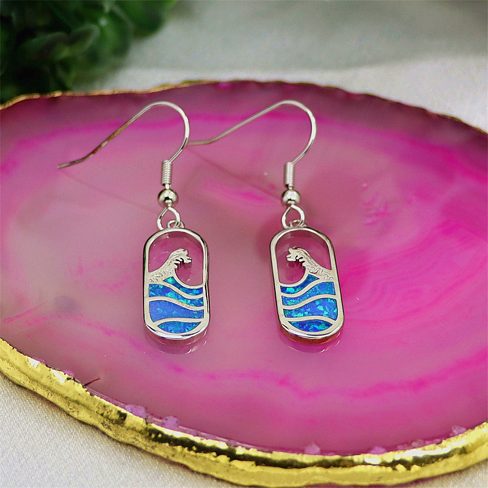 Ocean Wave Earrings, Blue Opal Nautical Dangle Earrings, Beach Statement Jewelry, Unique Coastal Gift for Women