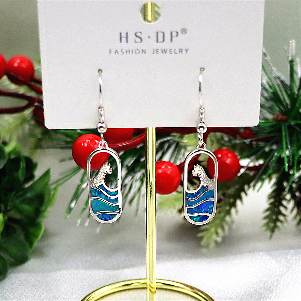 Ocean Wave Earrings, Blue Opal Nautical Dangle Earrings, Beach Statement Jewelry, Unique Coastal Gift for Women