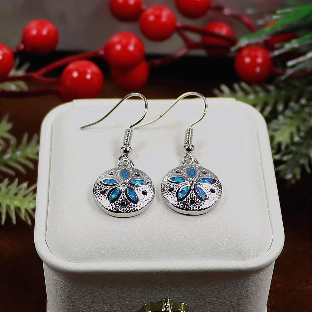 Sand Dollar Earrings, Round Opal Ocean Themed Earrings, Bohemian Beach Jewelry, Nautical Gift for Women