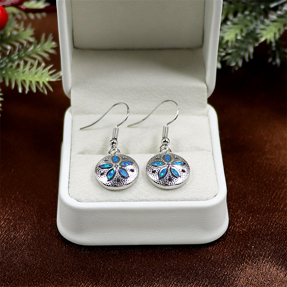 Sand Dollar Earrings, Round Opal Ocean Themed Earrings, Bohemian Beach Jewelry, Nautical Gift for Women