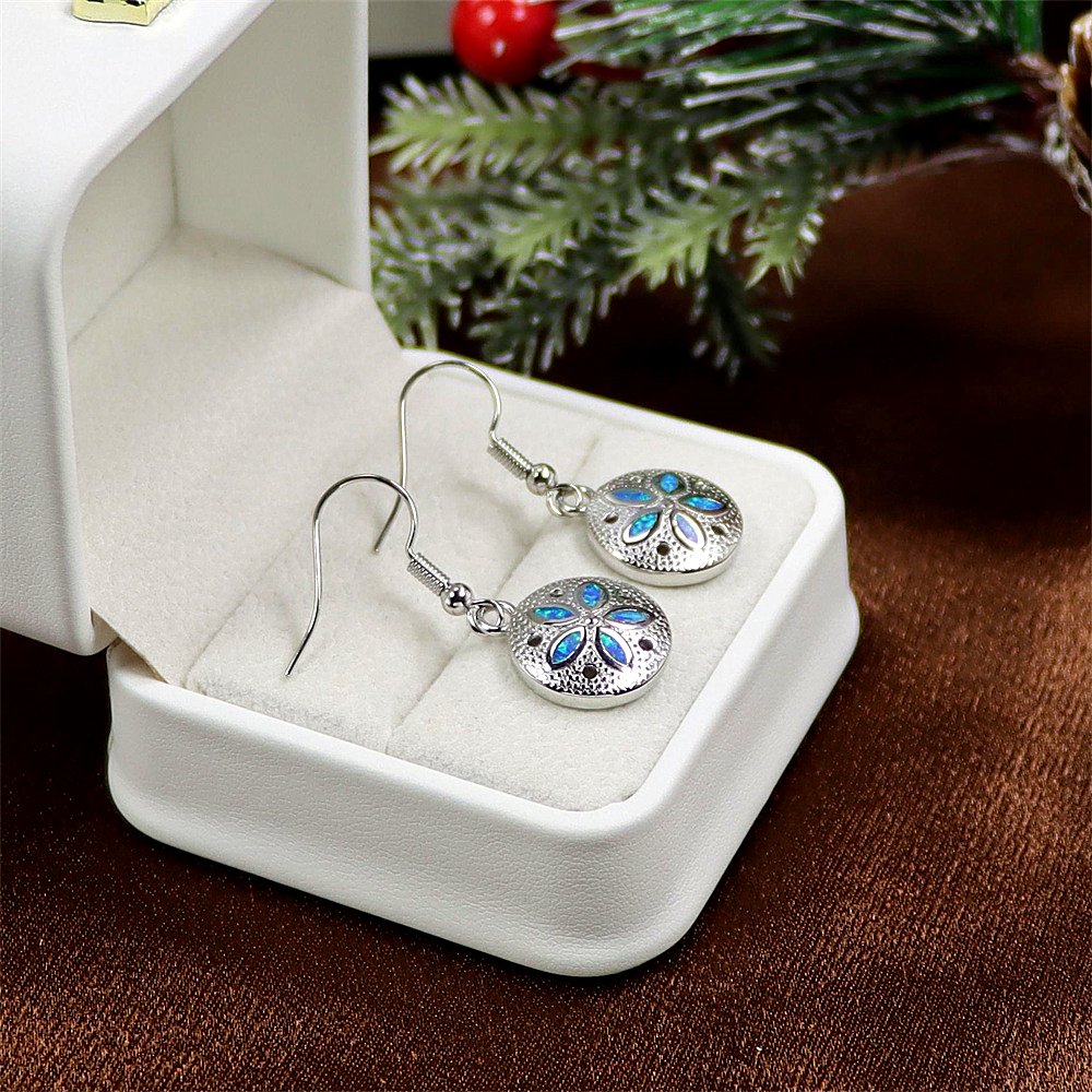 Sand Dollar Earrings, Round Opal Ocean Themed Earrings, Bohemian Beach Jewelry, Nautical Gift for Women