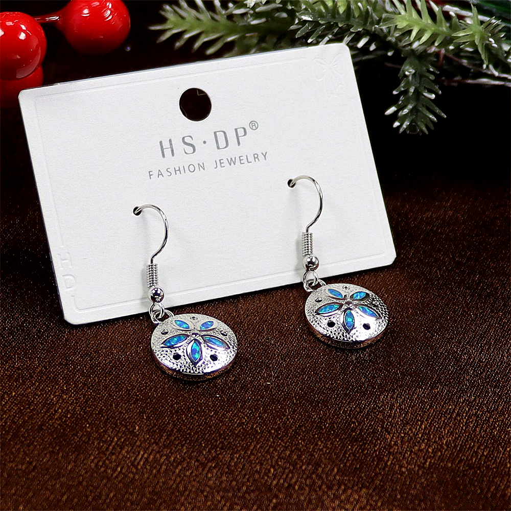 Sand Dollar Earrings, Round Opal Ocean Themed Earrings, Bohemian Beach Jewelry, Nautical Gift for Women