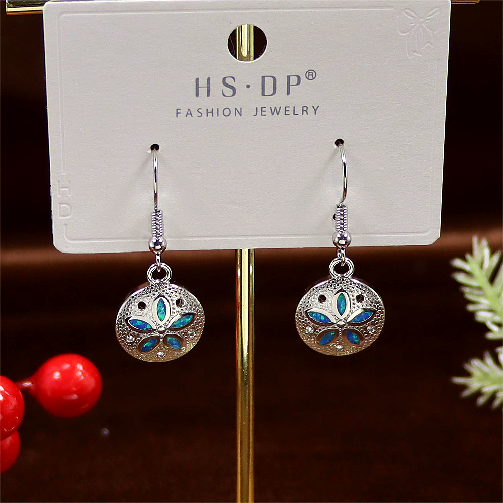 Sand Dollar Earrings, Round Opal Ocean Themed Earrings, Bohemian Beach Jewelry, Nautical Gift for Women