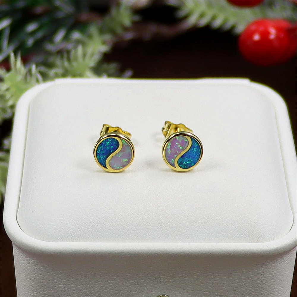 Yin Yang Stud Earrings, Opal Circle Earrings, Balanced Cute Jewelry, Whimsical Gift for Women