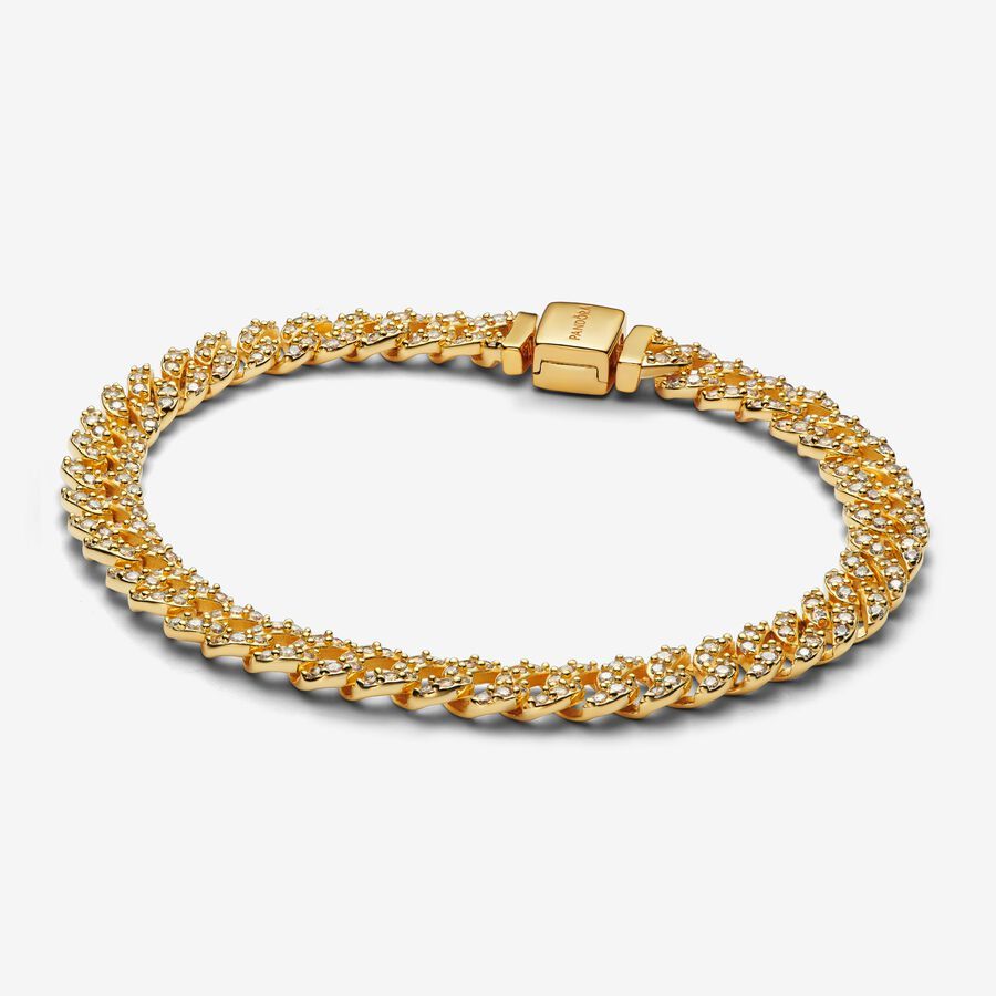 PANDORA 925 ale Timeless Pavé Cuban Chain GOLD Bracelet