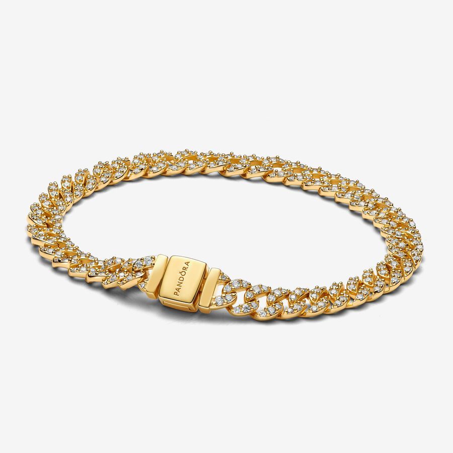 PANDORA 925 ale Timeless Pavé Cuban Chain GOLD Bracelet