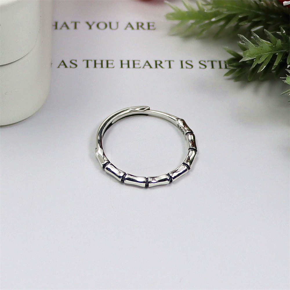 Bamboo Node Sterling Silver Ring, Open Adjustable Band, Nature Inspired Minimalist S925 Jewelry