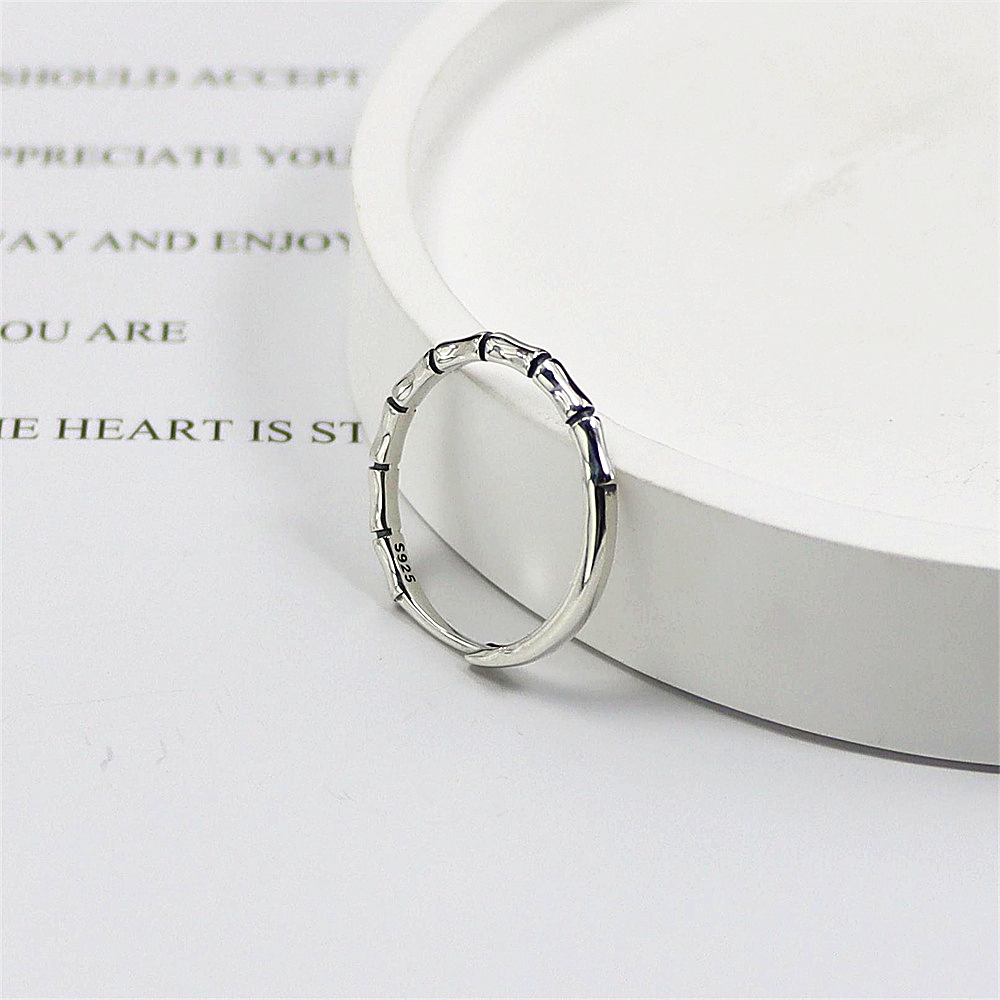 Bamboo Node Sterling Silver Ring, Open Adjustable Band, Nature Inspired Minimalist S925 Jewelry
