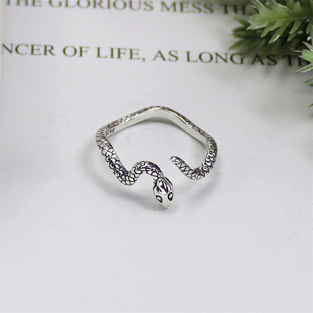 Mystical Snake Zodiac Ring, Curved Textured Open Band, Sterling Silver Adjustable Statement Jewelry