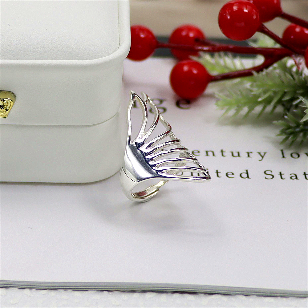 Winged Sterling Silver Ring, Geometric Openwork with Antique Finish, Bold Gothic Adjustable Statement Jewelry