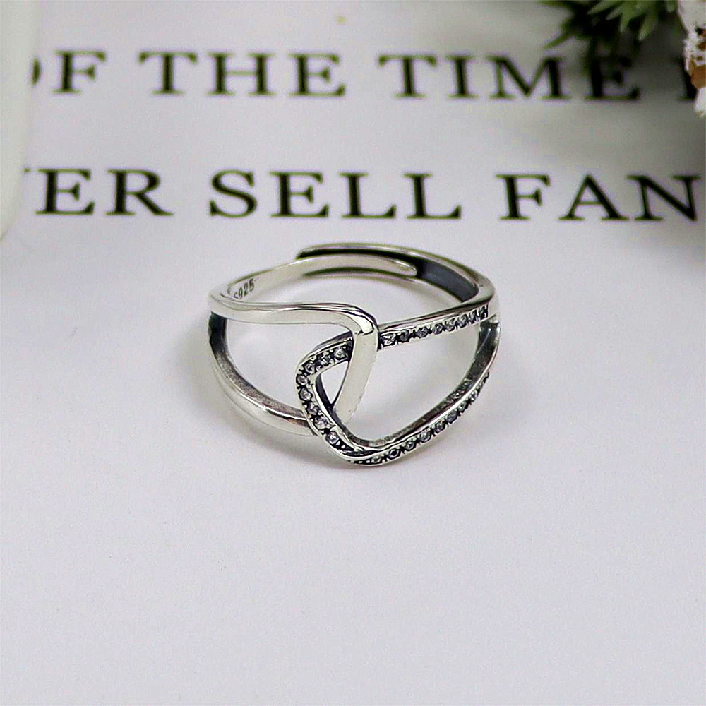 Vintage Geometric Sterling Silver Ring, Zircon Accent Open Adjustable Band, Retro Luxe S925 Jewelry