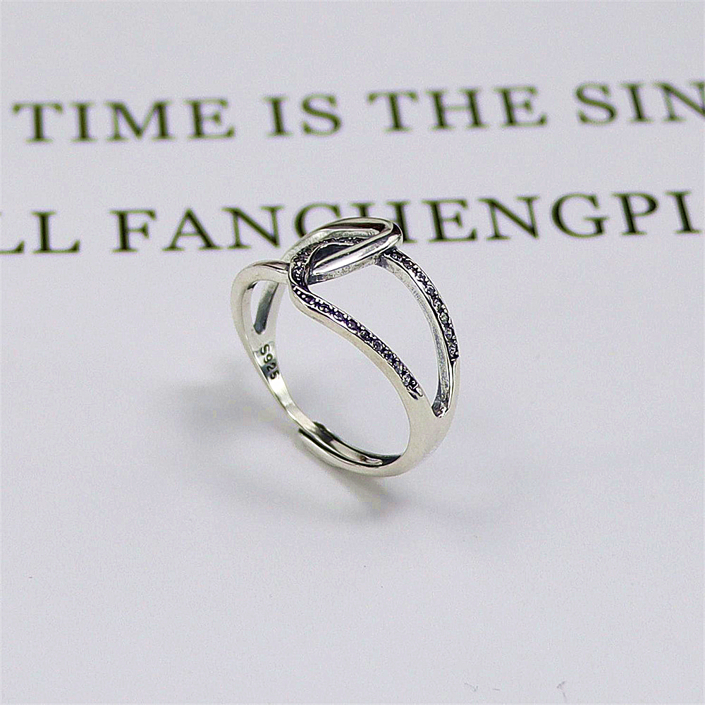Vintage Geometric Sterling Silver Ring, Zircon Accent Open Adjustable Band, Retro Luxe S925 Jewelry