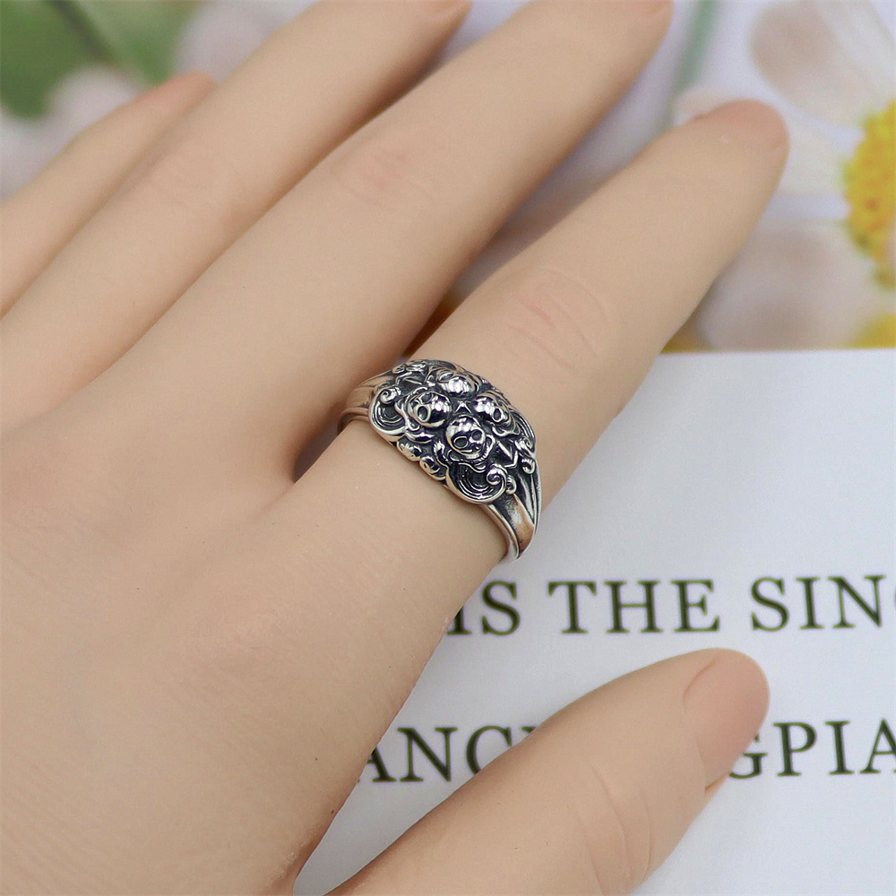 Oversized Skull Sterling Silver Ring, Gothic Open Adjustable Band, Edgy Dark Aesthetic S925 Statement Jewelry