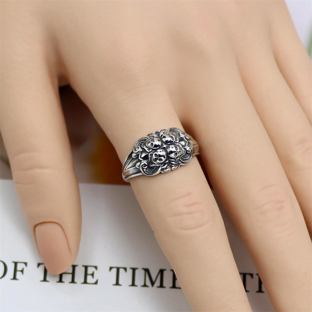 Oversized Skull Sterling Silver Ring, Gothic Open Adjustable Band, Edgy Dark Aesthetic S925 Statement Jewelry