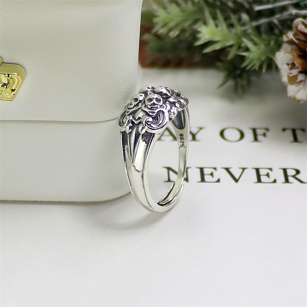 Oversized Skull Sterling Silver Ring, Gothic Open Adjustable Band, Edgy Dark Aesthetic S925 Statement Jewelry