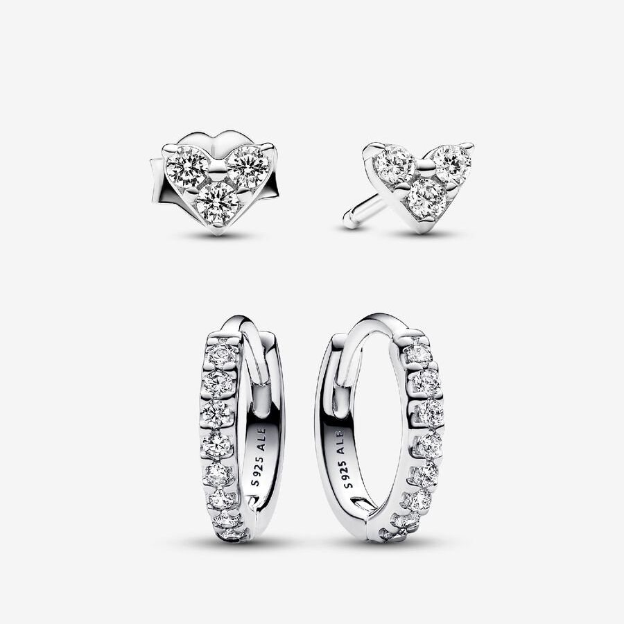 Pandora Heart Three Huggie Hoop Earrings Set Silver ale s925