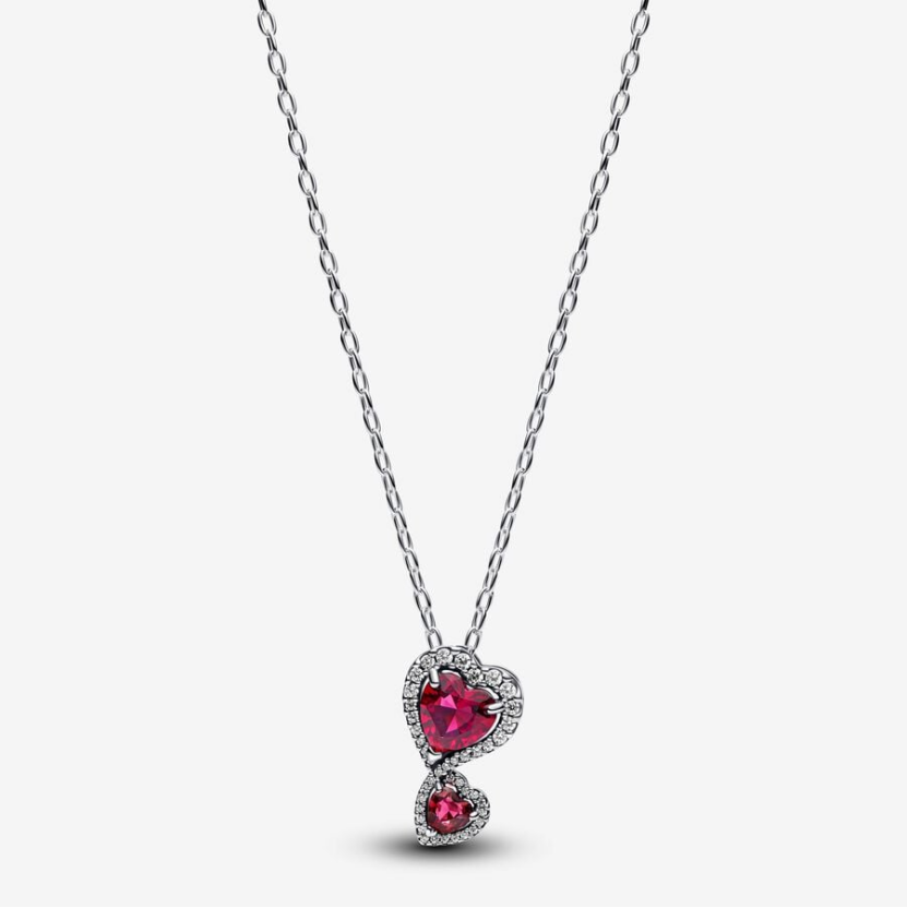 Pandora Sterling Silver Red Halo Hearts Pendant Necklace 60cm