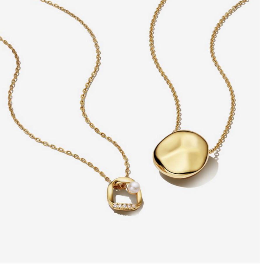 Pandora  organic shape round pendant gold necklace Set 45cm/65cm