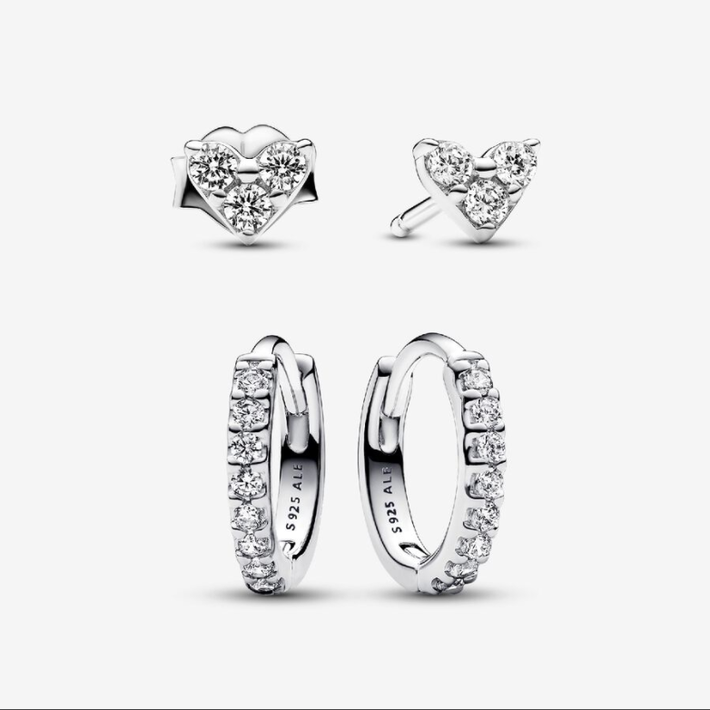 Pandora Heart Three Stones Sparkling Creoles Earrings set ale 925