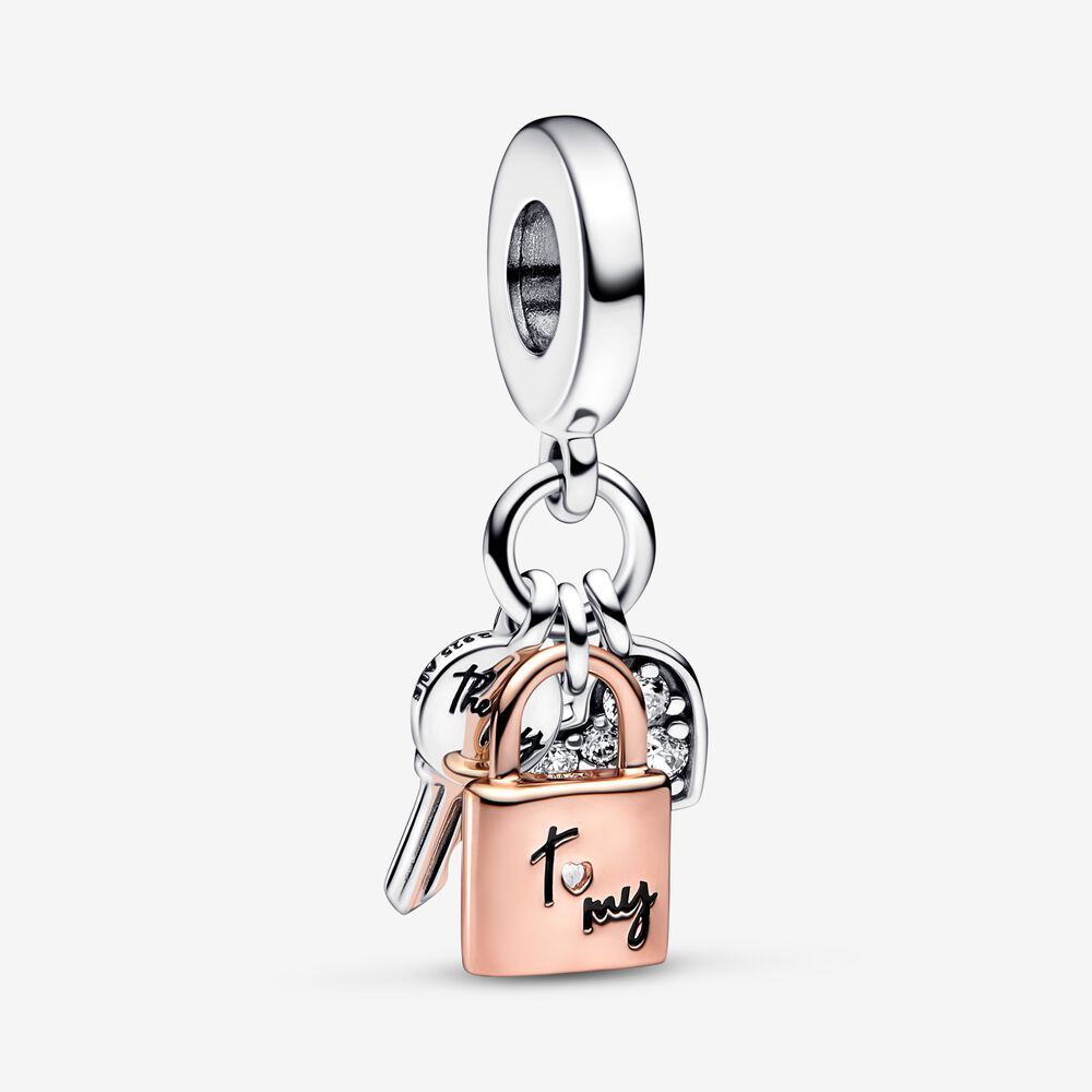 ale s925  pandora Two-tone Key, Padlock & Heart Triple Dangle Charm
