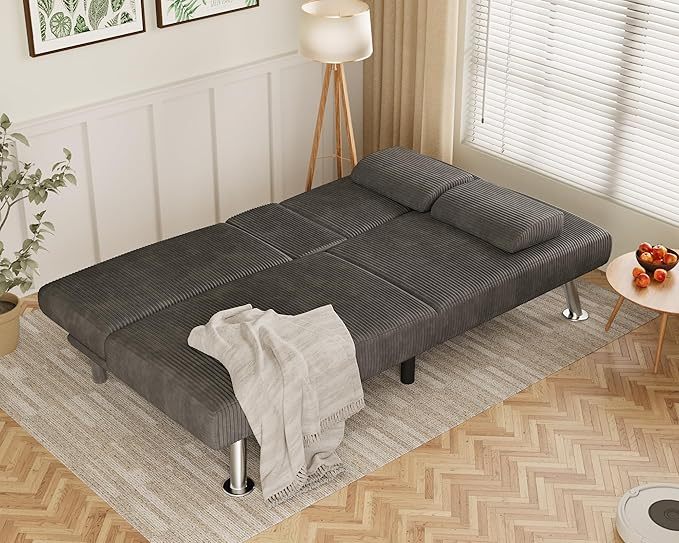 Futón sofá cama, sofá plegable de pana ajustable, sofá cama para apartamentos pequeños, juego de muebles tapizados para sala de estar con 2 soportes para tazas (verde)