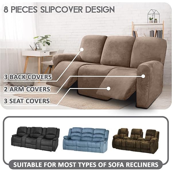 Fundas de sofá reclinables de terciopelo de 8 piezas, fundas elásticas para sofá reclinable de 3 cojines, fundas para sofá reclinable, muebles