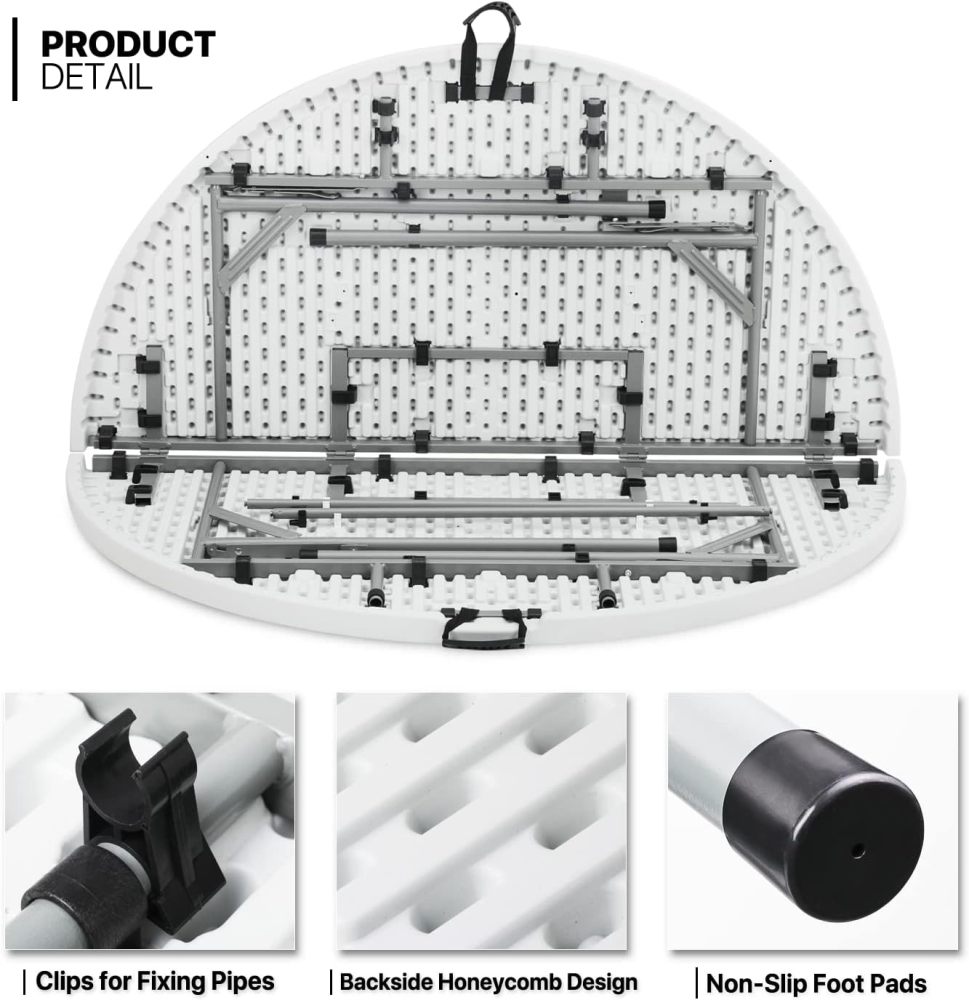 Mesa plegable redonda de 4.5 pies, mesa de comedor de plástico para interiores y exteriores con asa y cerradura para picnic, fiesta, banquete, boda, color blanco