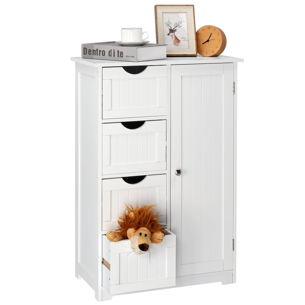 Mueble de baño de madera, organizador de almacenamiento lateral con 4 cajones, 1 armario y 2 estantes, color blanco