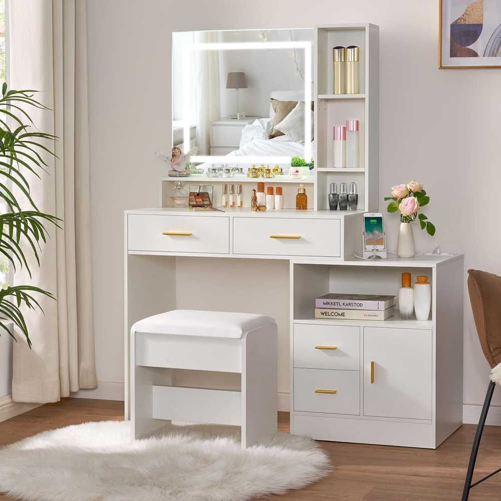 Escritorio blanco con espejo y luces, tocador de maquillaje, juego de tocador de