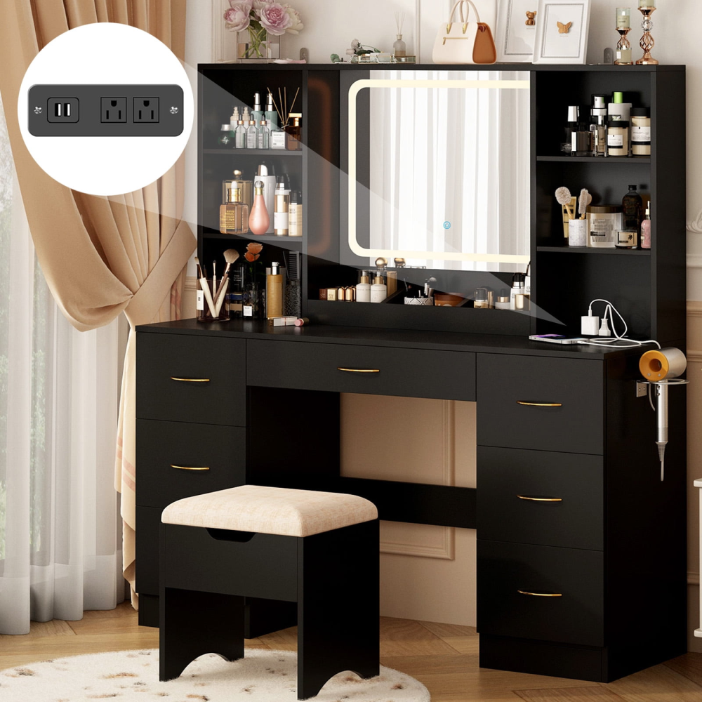 Tocador grande de 47" con espejo con luz LED, toma de corriente y 7 cajones, juego de tocador con taburete de almacenamiento y soporte para secador de pelo.