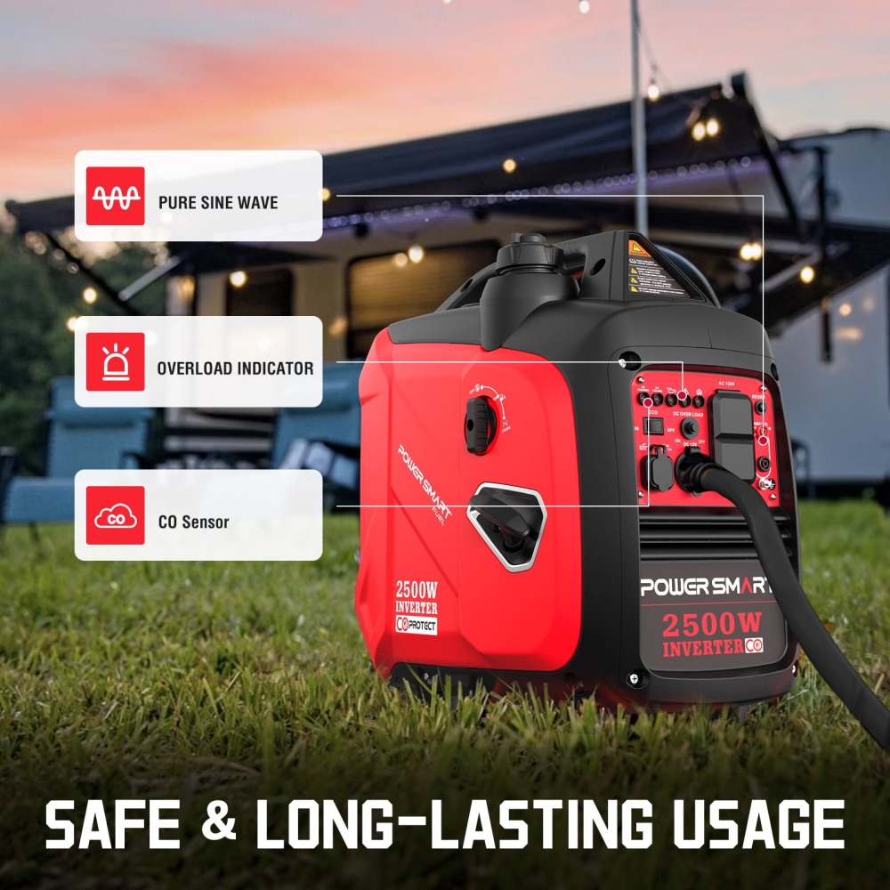 2500W Portable Inverter Gas Generator, CO Detect Super Quiet Low Oil Shutdown,for Camping