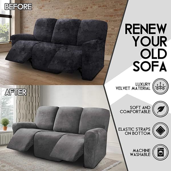 Fundas de sofá reclinables de terciopelo de 8 piezas, fundas elásticas para sofá reclinable de 3 cojines, fundas para sofá reclinable, muebles