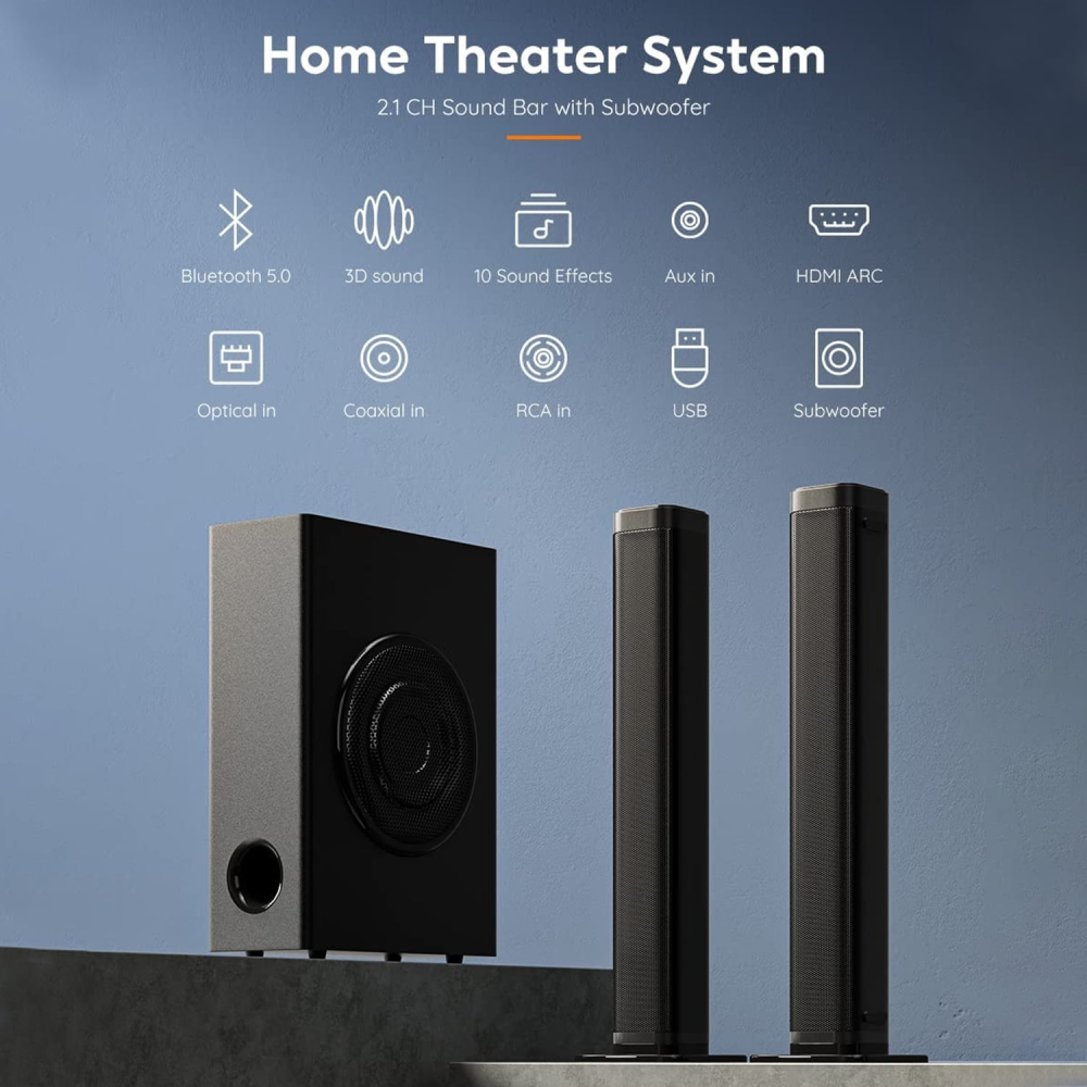 Barra de sonido con subwoofer, barras de sonido separables de 2.1 canales para TV, sonido envolvente 3D opcional, Bluetooth/HDMI-ARC/AUX