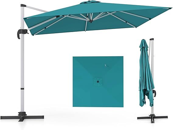 COSTWAY Sombrilla Terraza Exterior rectangular con Base 3x3m, Parasol Jardin Excentrico, Rotación de 360°, Inclinación Ajustable, Guarda Sol Jardin Exterior, Manivela y Base en Cruz