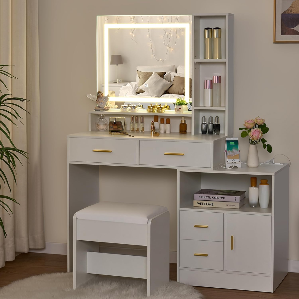 Escritorio blanco con espejo y luces, tocador de maquillaje, juego de tocador de