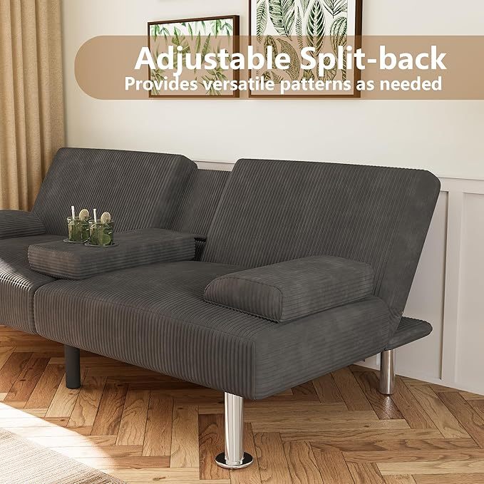 Futón sofá cama, sofá plegable de pana ajustable, sofá cama para apartamentos pequeños, juego de muebles tapizados para sala de estar con 2 soportes para tazas (verde)
