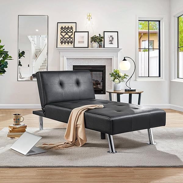 Sofá cama convertible de piel sintética, sofá futón, sofá reclinable moderno, sofá cama con patas de metal cromado