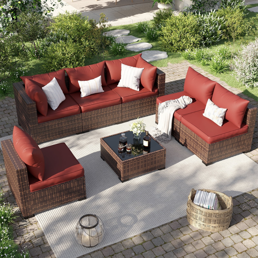 Juego de muebles de patio de 7 piezas, sofá seccional para exteriores para todo tipo de clima