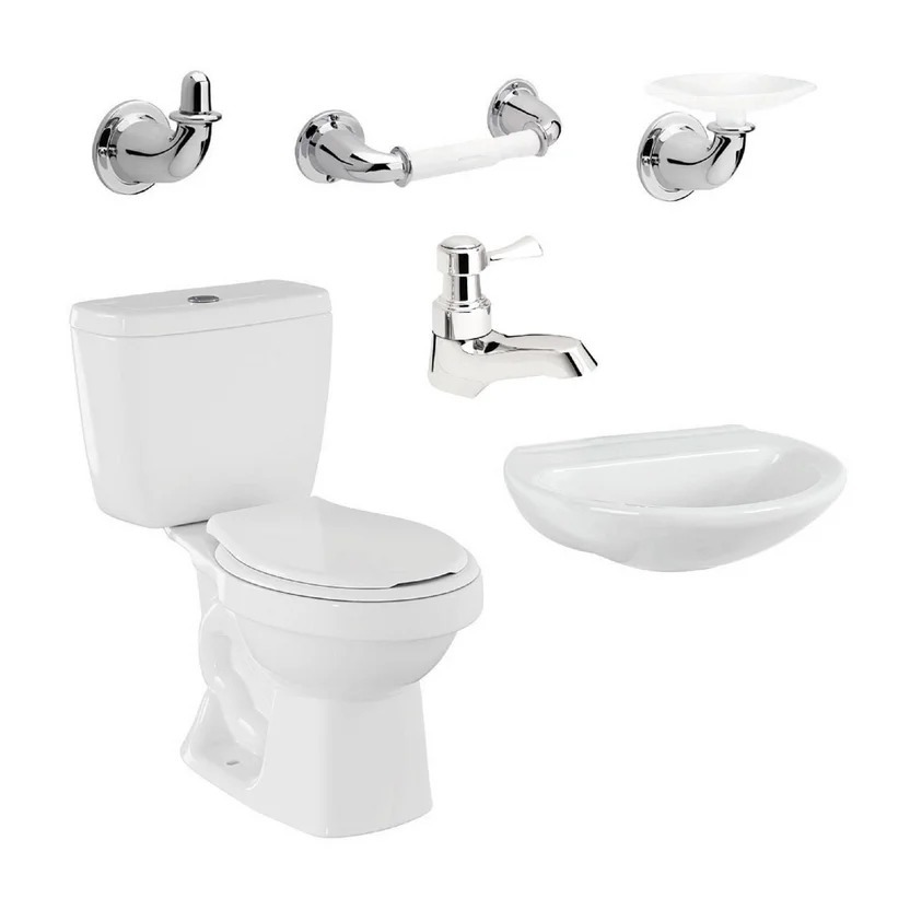Combo Ecoline Blanco: Sanitario Dos Piezas Ecoline + Lavamanos Milano + Grifería Lavamanos Sencilla Serrat + Accesorios x3 Valencia Corona