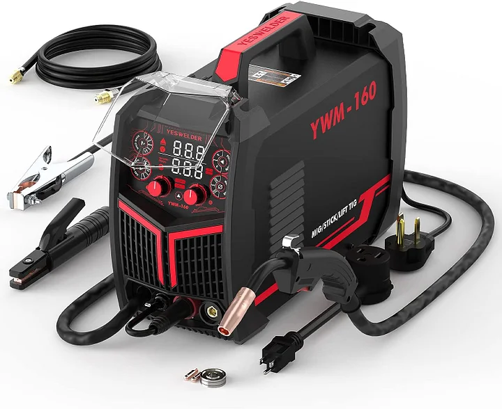 Soldador MIG de 160 A sin gas de gas, con núcleo de flujo/MIG/Lift TIG/Stick ARC soldador 4 en 1, control sinérgico de 110 V/220 V de doble voltaje