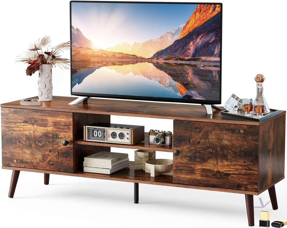 Soporte de TV para TV de 55 a 60 Pulgadas, Centro de Entretenimiento con clóset de Almacenamiento, Mesa Moderna de Consola Multimedia de Mediados de Siglo, bisagra Ajustable, Muebles de