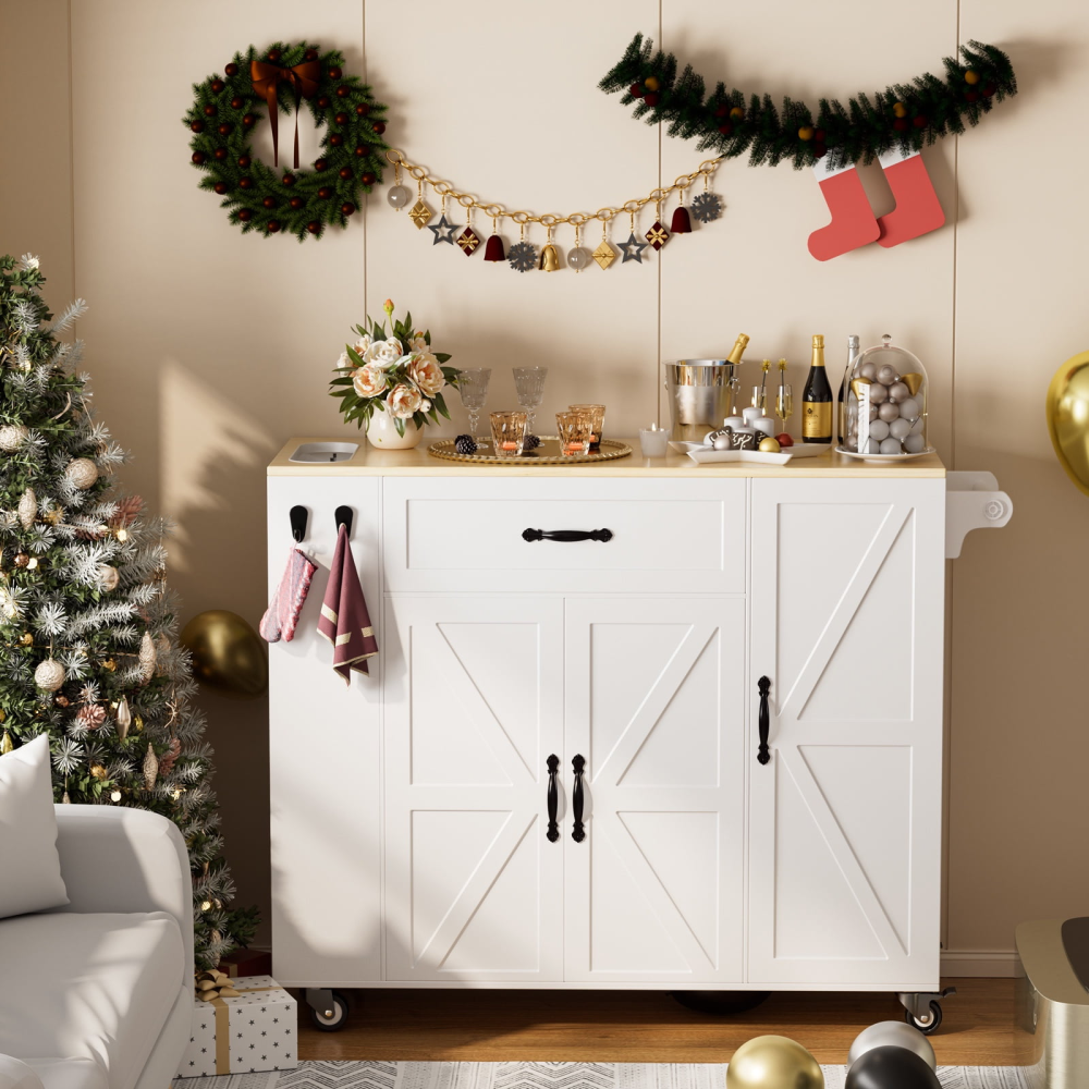 Carrito de cocina con isla de 41,3" con ruedas, tablero abatible y espacio de almacenamiento, color blanco