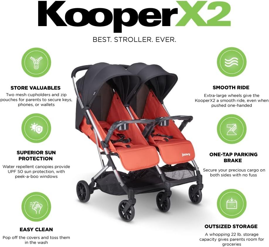 Joovy Kooper X2 carriola doble, carriola de viaje ligero, plegable compacto con bandeja